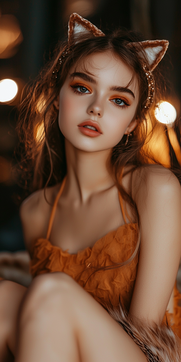 Midjourney prompt: cute girl posing in fox ears and an orange dress, ... - Midjourney
