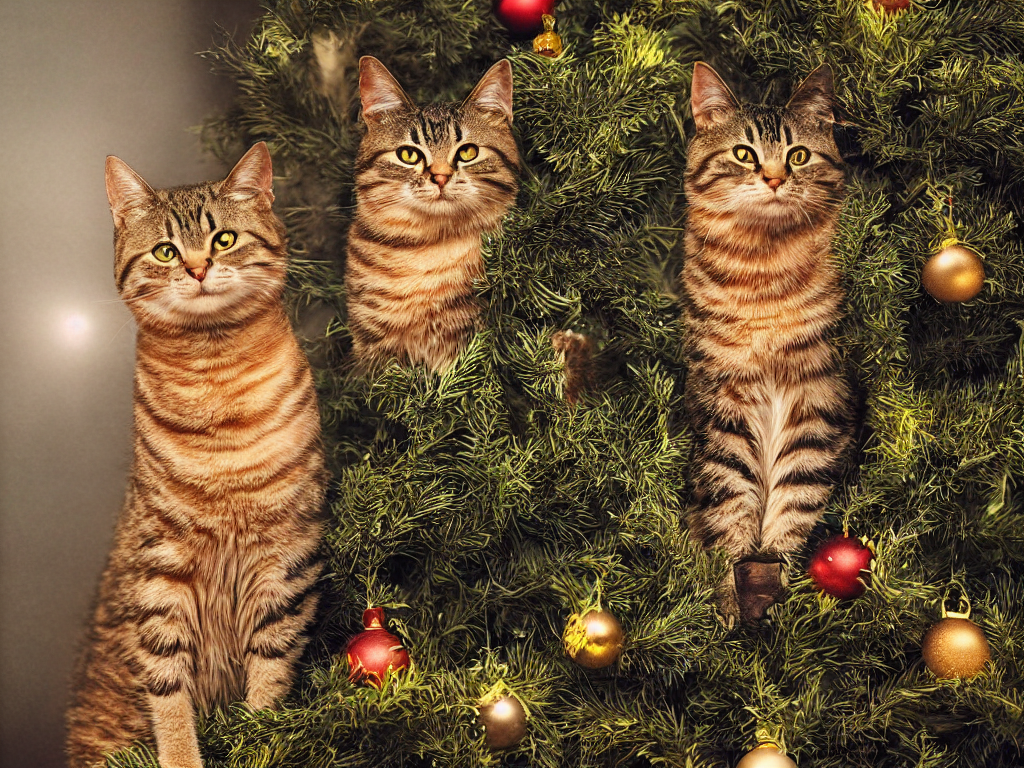 Stable Diffusion prompt: 1 cat by a christmas tree, maste...