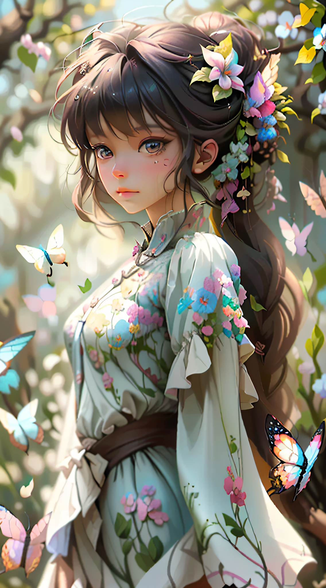 Midjourney prompt: A girl with colorful and delicate flowers on her s... - Midjourney