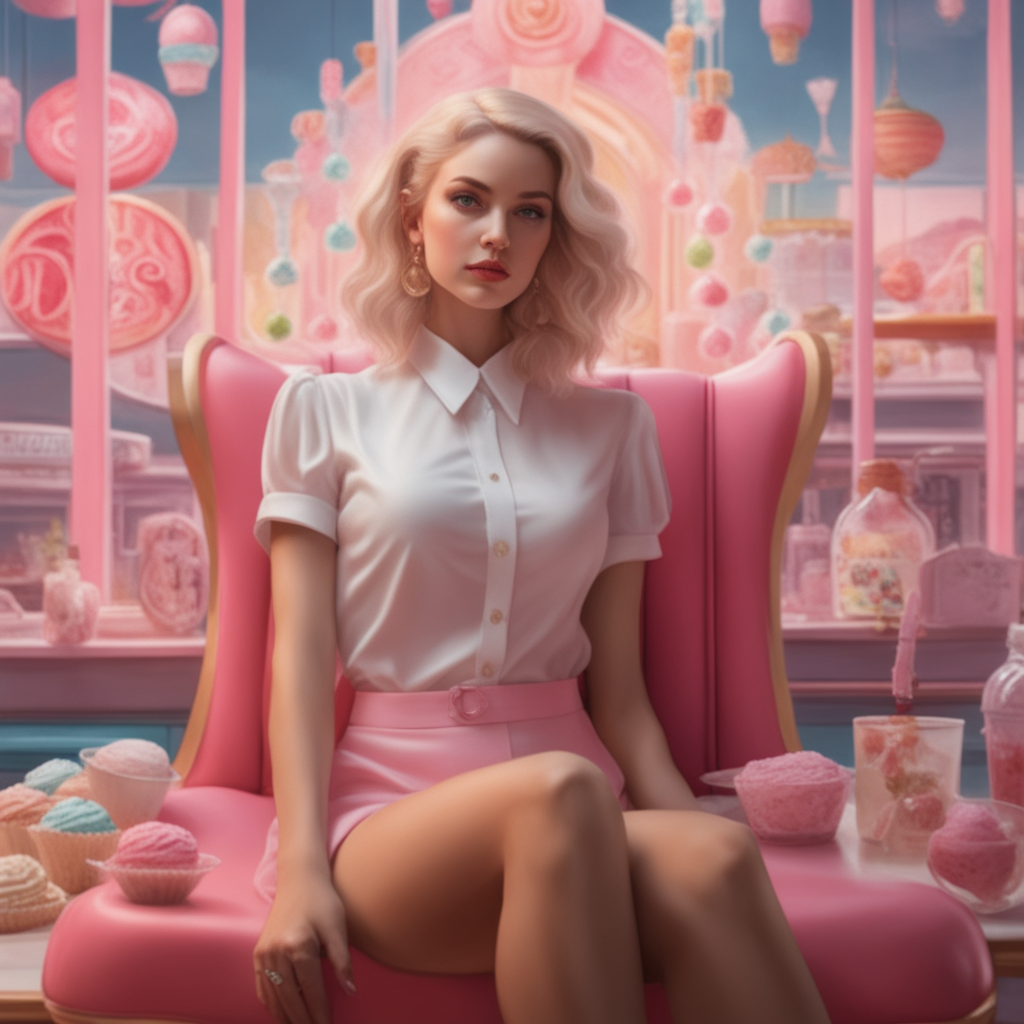 Deliberate prompt: blond woman sitting on a pink chair in a pink ice ... - Deliberate