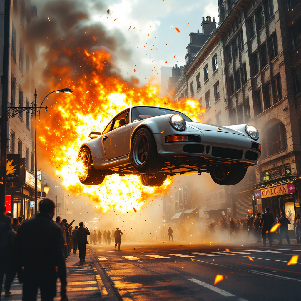 AI generated: FLUX prompt: (Action film photograph) a Porsche is (flying high... (FLUX - Architecture)