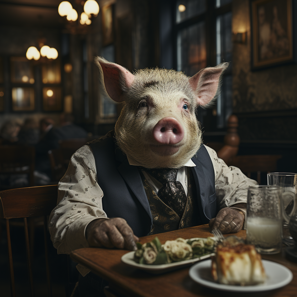 AI generated: Midjourney prompt: pig dining in a restaurant (Midjourney - Photography)