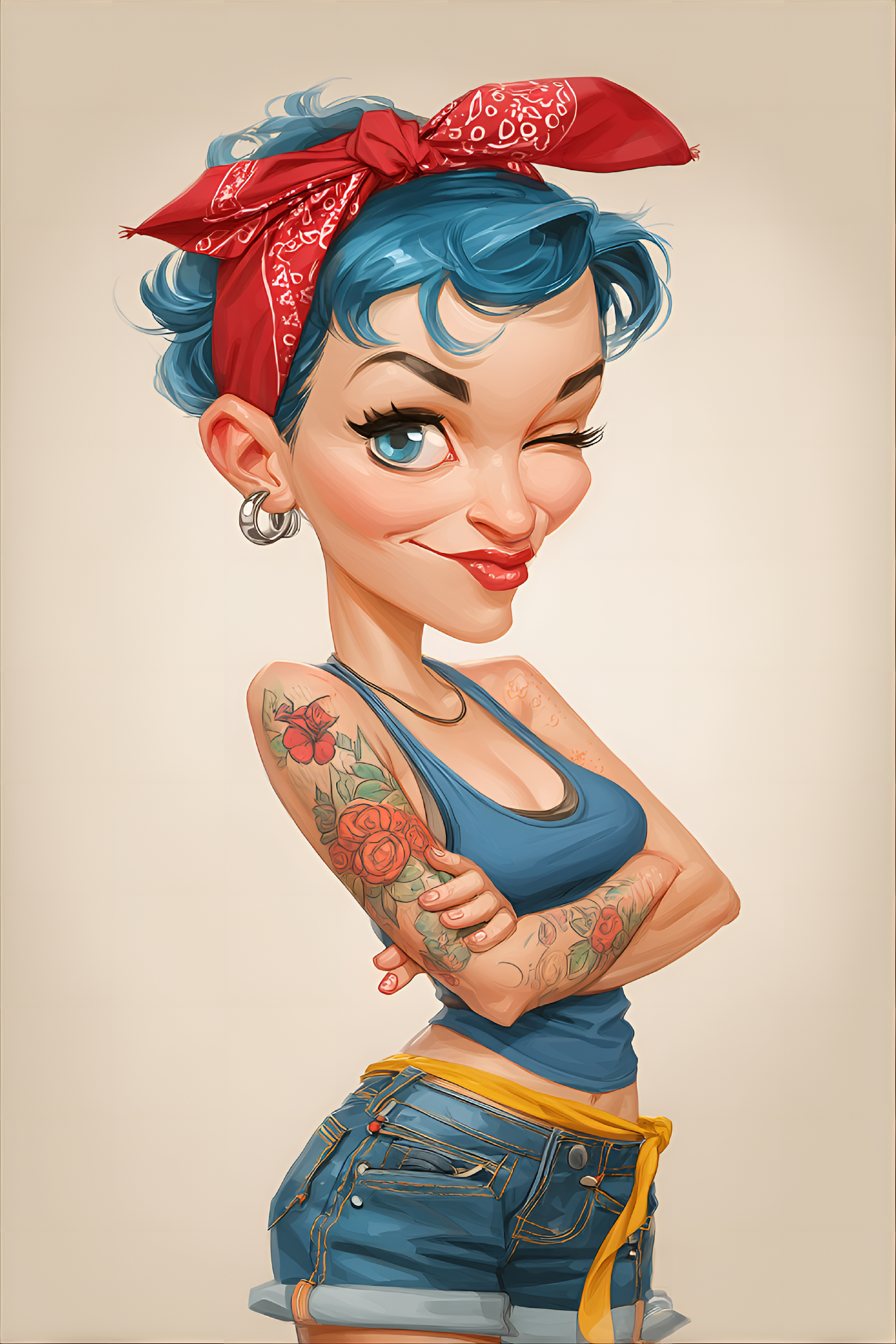 صورة مولدة بالذكاء الاصطناعي: Midjourney prompt: funny caricature, retro pin-up girl caricature, yo... (نموذج Midjourney - صور شخصية)