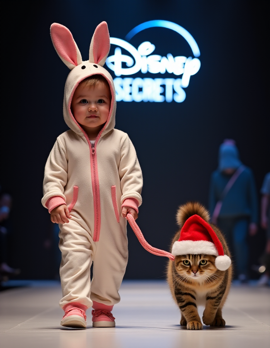 FLUX prompt: A baby dressed in bunny pajamas leads a pet cat on... - FLUX