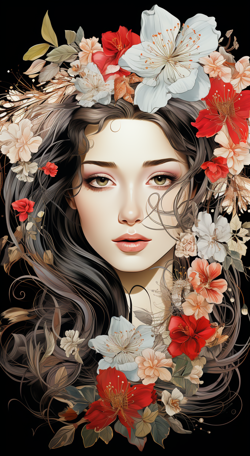 AI generated: Midjourney prompt: an illustration of a woman's face with flowers on ... (Midjourney - Portraits)