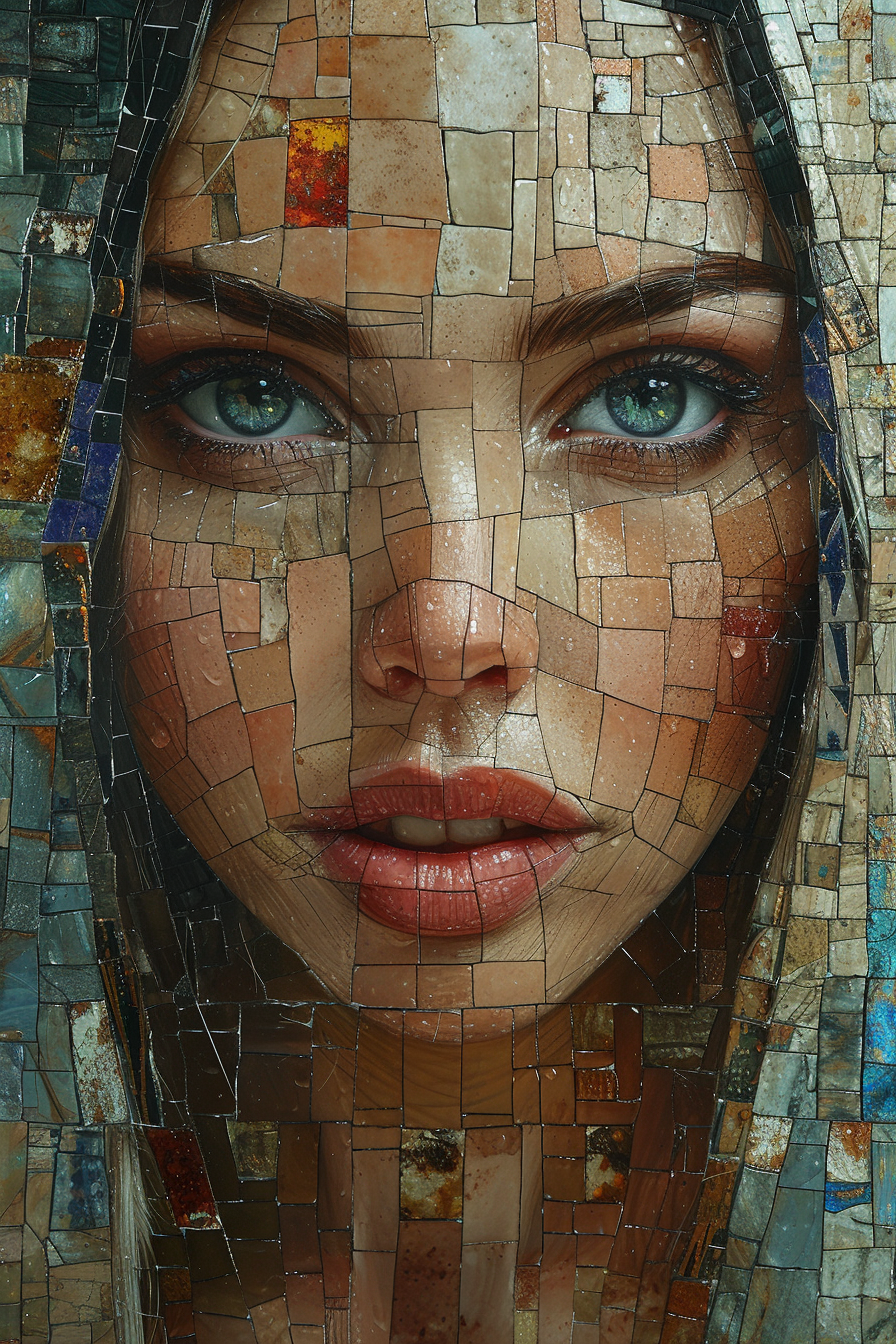 AI generated: Midjourney prompt: a collage of women's faces in mosaic, in the style... (Midjourney - Portraits)