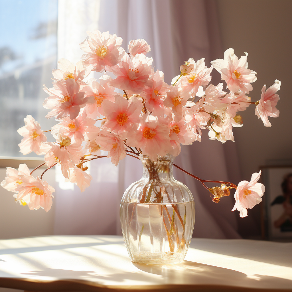 AI generated: Midjourney prompt: there is a vase with flowers on it in a room, surr... (Midjourney - Photography)