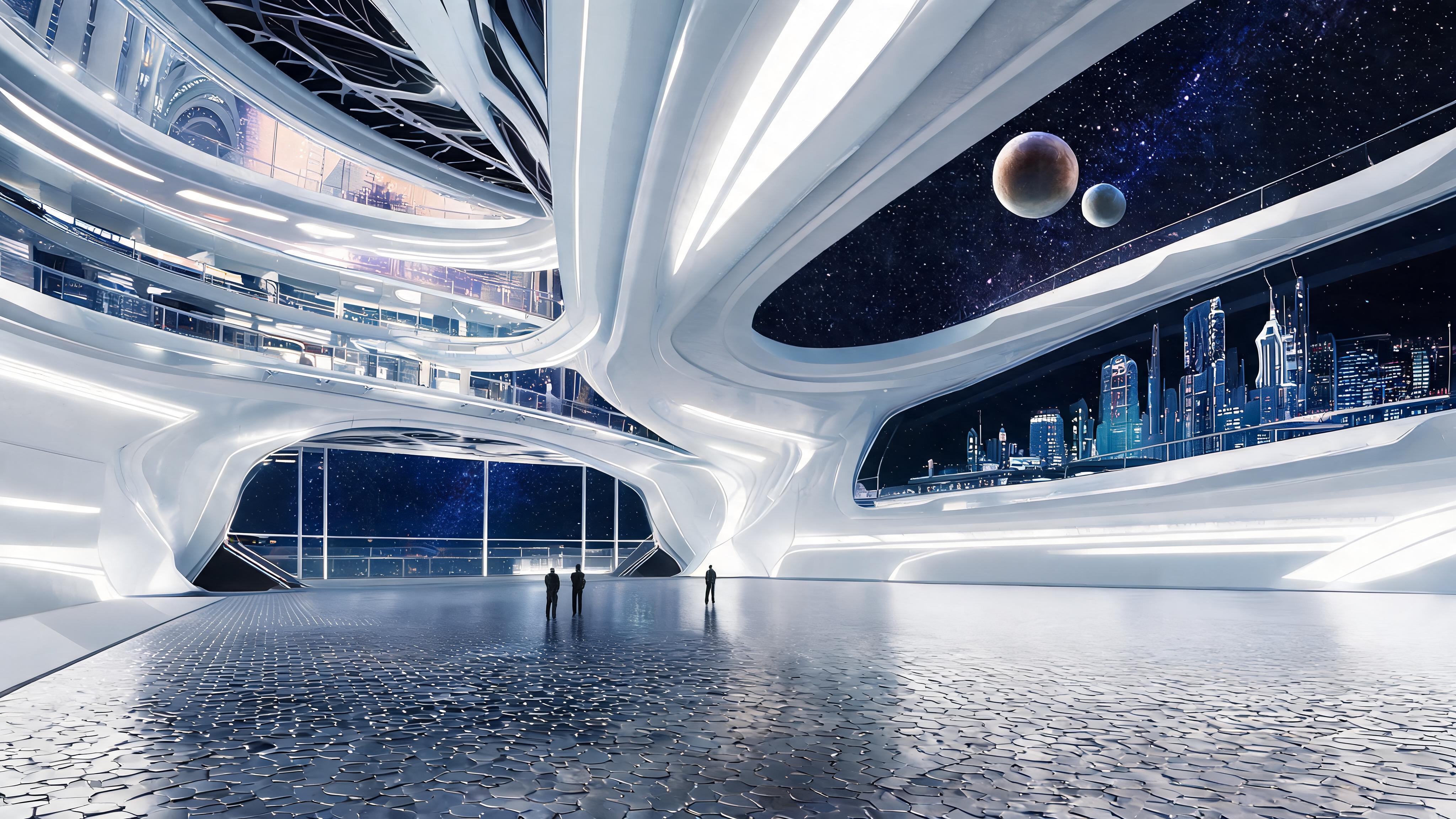 صورة مولدة بالذكاء الاصطناعي: مطالبة Seedream 5: ابتكار مشهد سينمائي للتصميم الداخلي لمحطة فضاء... (نموذج Seedream 5 - تصميم داخلي)
