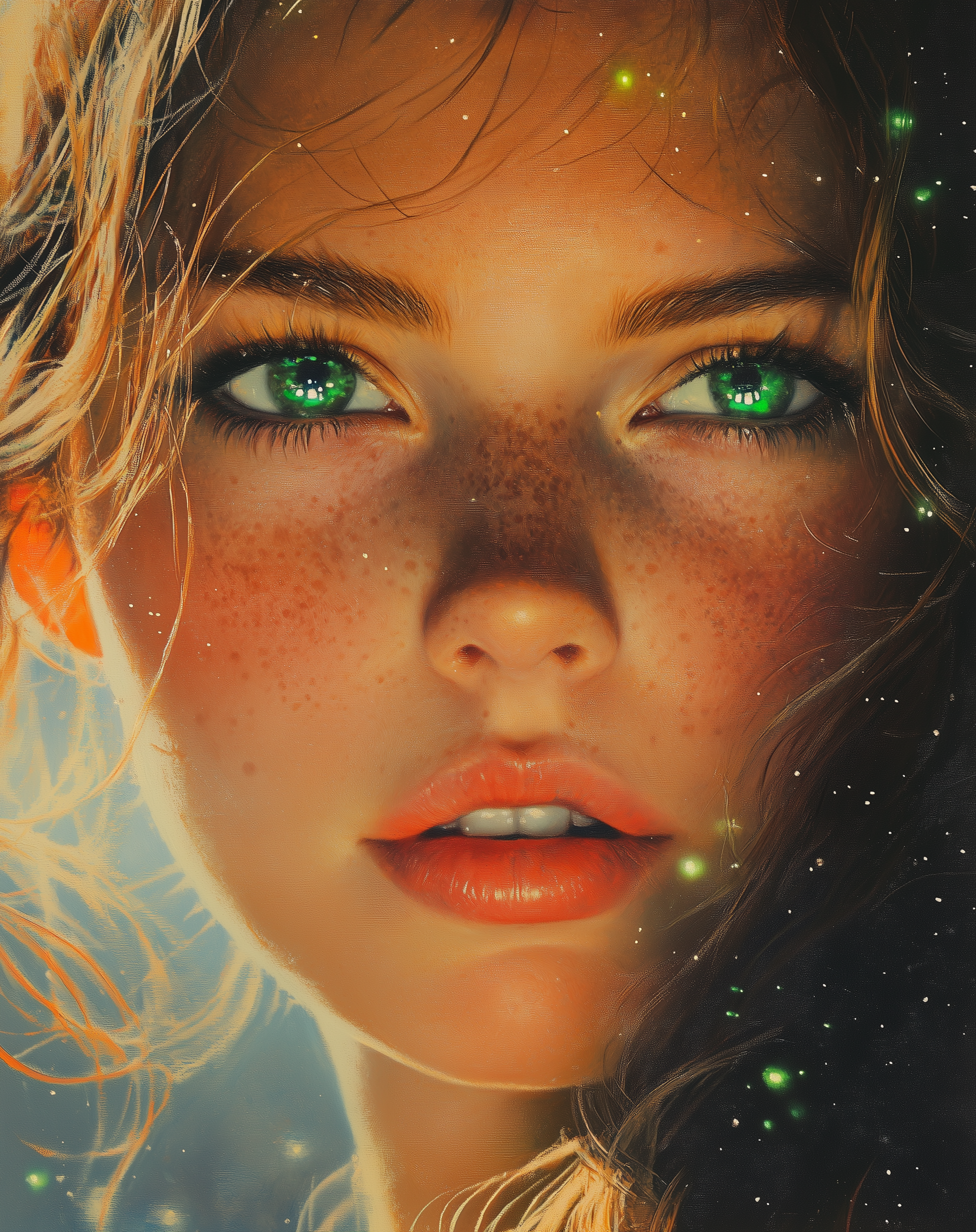 AI generated: Midjourney prompt: A futuristic space ship with green lights, flying ... (Midjourney - Portraits)
