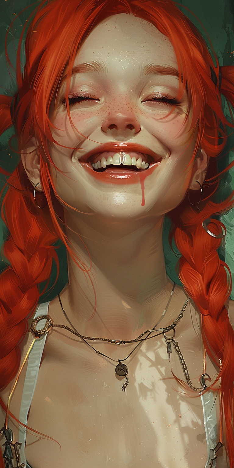 Midjourney prompt: A red-haired girl with pigtails smiles and shows h... - Midjourney