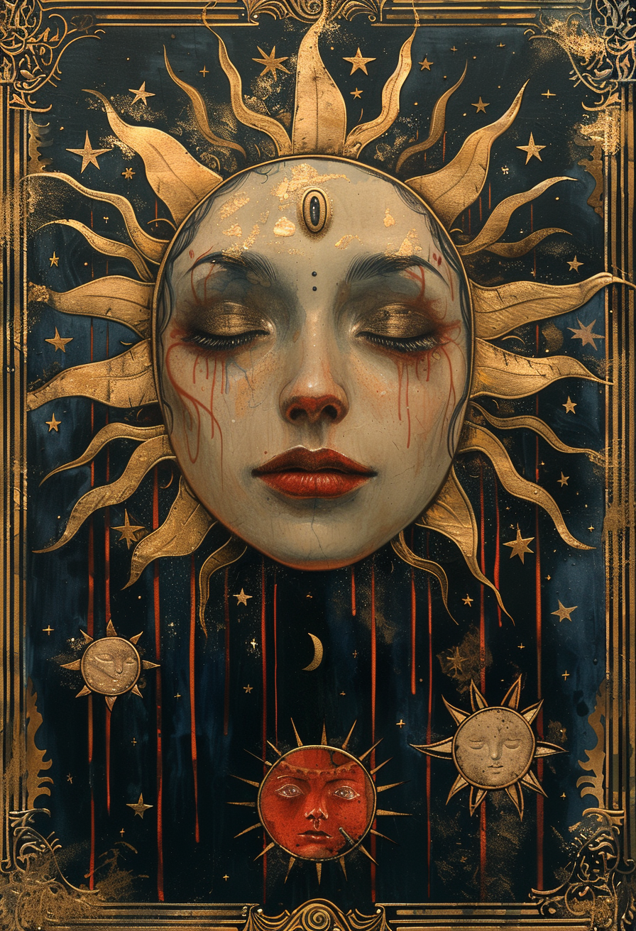 Midjourney prompt: sun rising in the sky with eyes, in the style of i... - Midjourney