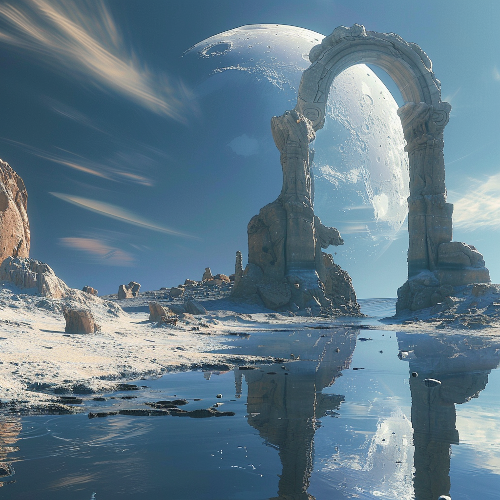 AI generated: Midjourney prompt: an ancient ruined archway on the moon, fantasy, ru... (Midjourney - Landscapes)