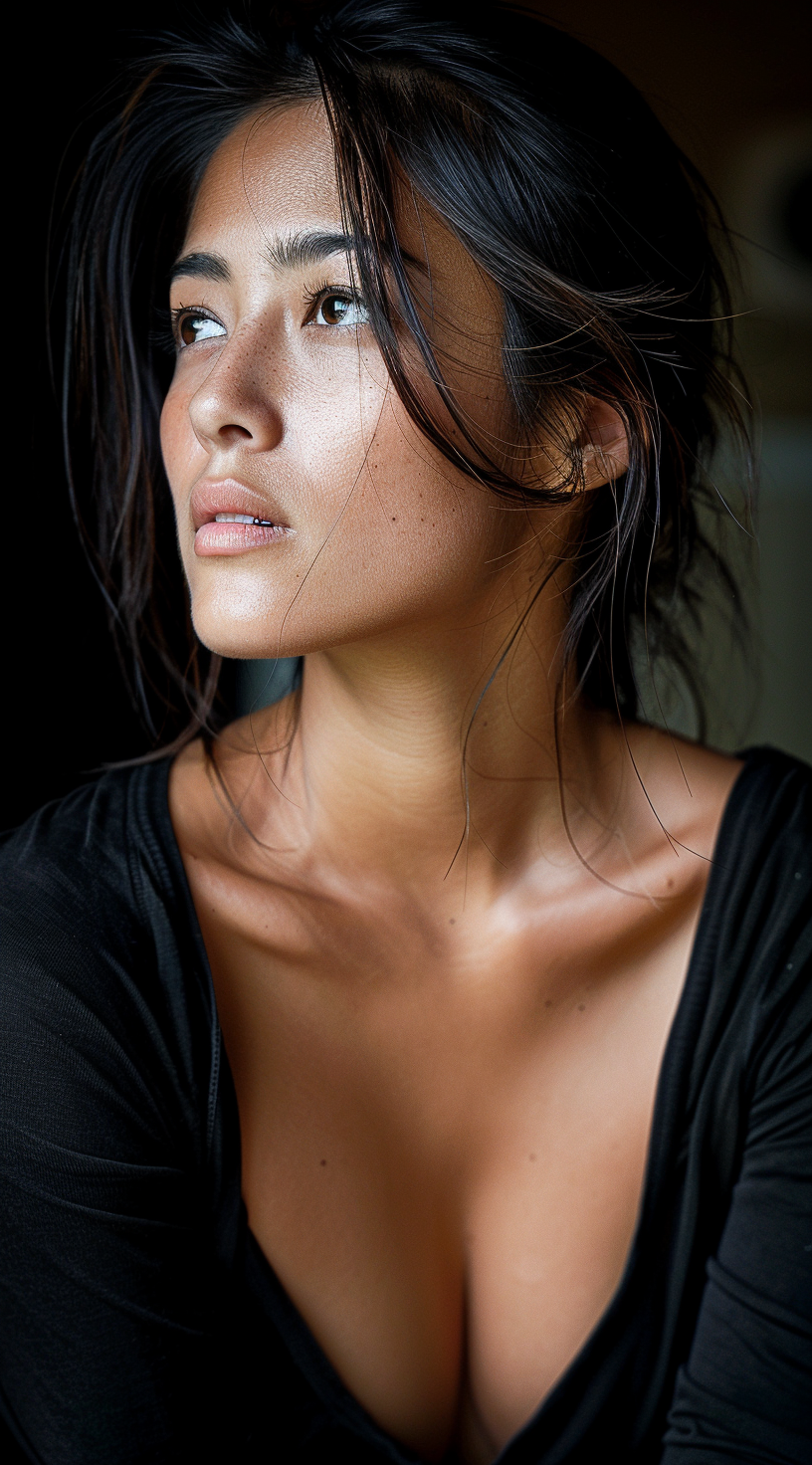 Midjourney prompt: woman in a black tshirt, in the style of sterling ... - Midjourney