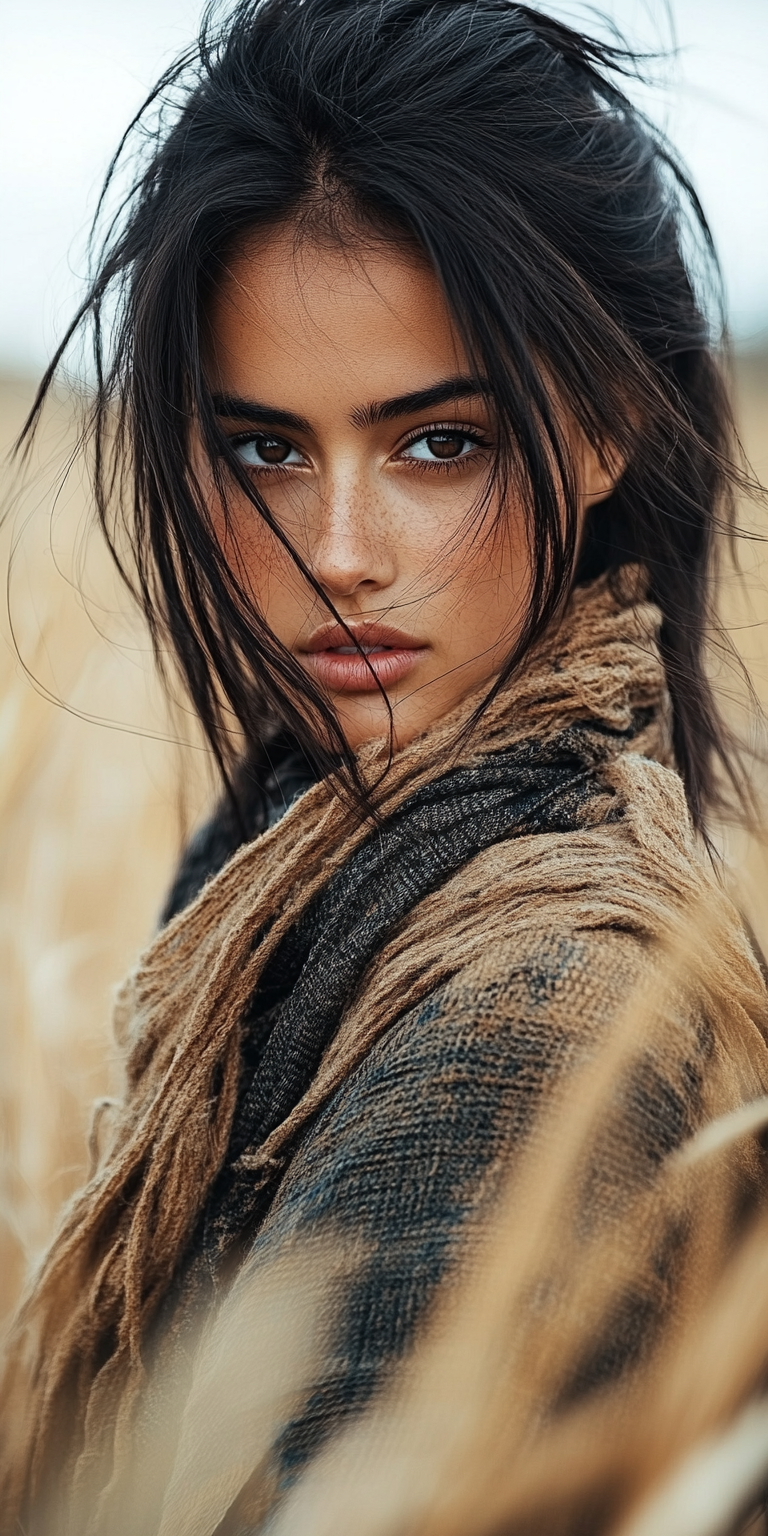 Midjourney prompt: woman in a field dressed for a fashion shoot facin... - Midjourney