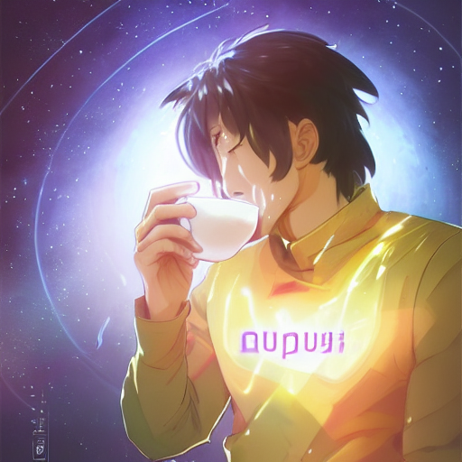 Stable Diffusion prompt: A man drinking a cup of cosmic e...
