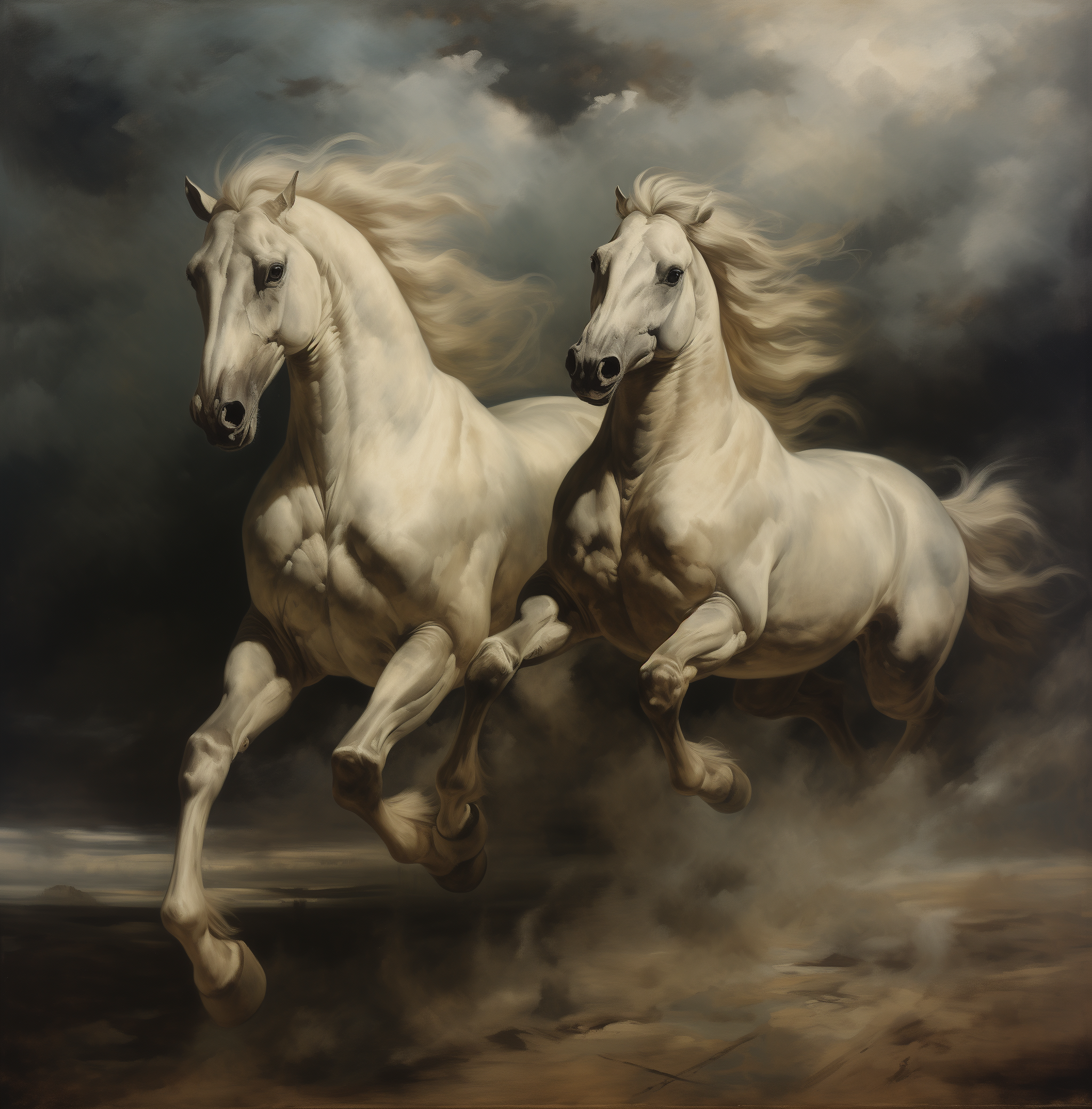 AI generated: Midjourney prompt: vintage renaissance oil painting of two white hors... (Midjourney - Portraits)
