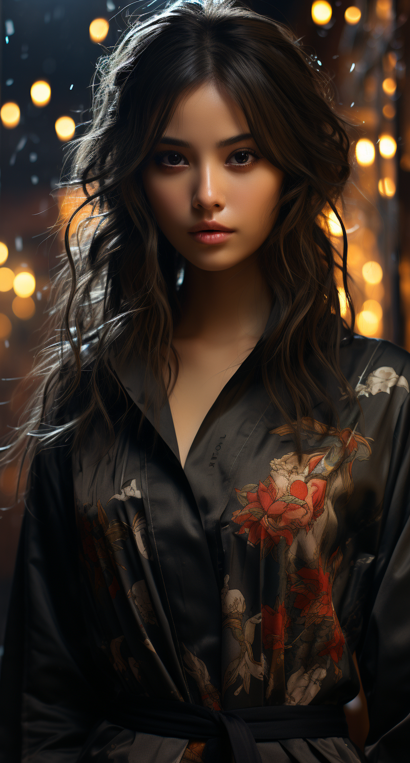 Midjourney prompt: a woman wearing an asian dress in the rain, in the... - Midjourney