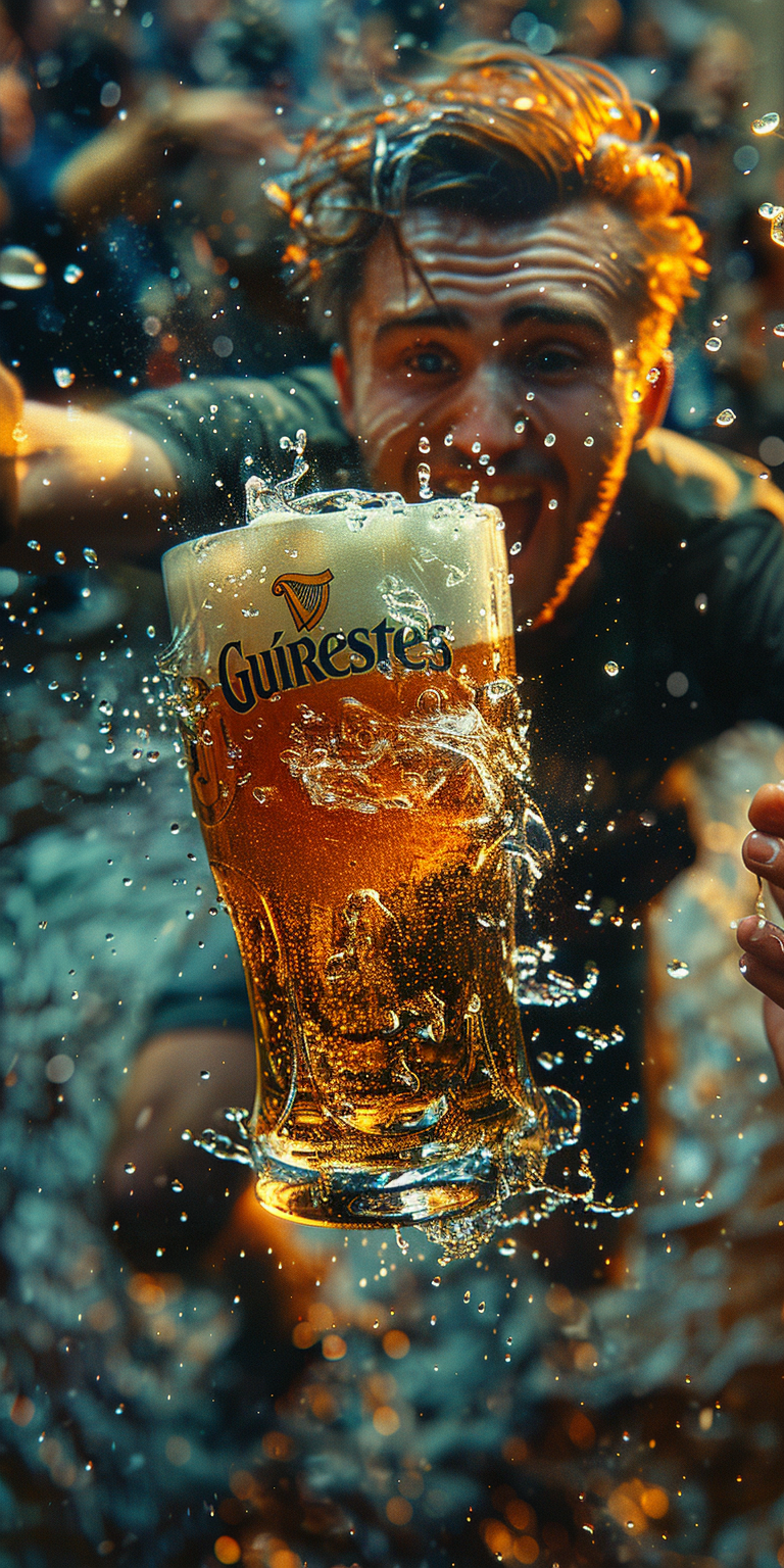 AI generated: Midjourney prompt: A man diving into an oversized glass of lager, ill... (Midjourney - Portraits)