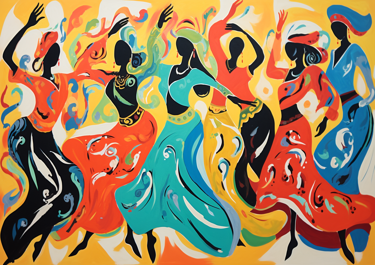 Midjourney prompt: brightly colored women are dancing, in the style o... - Midjourney