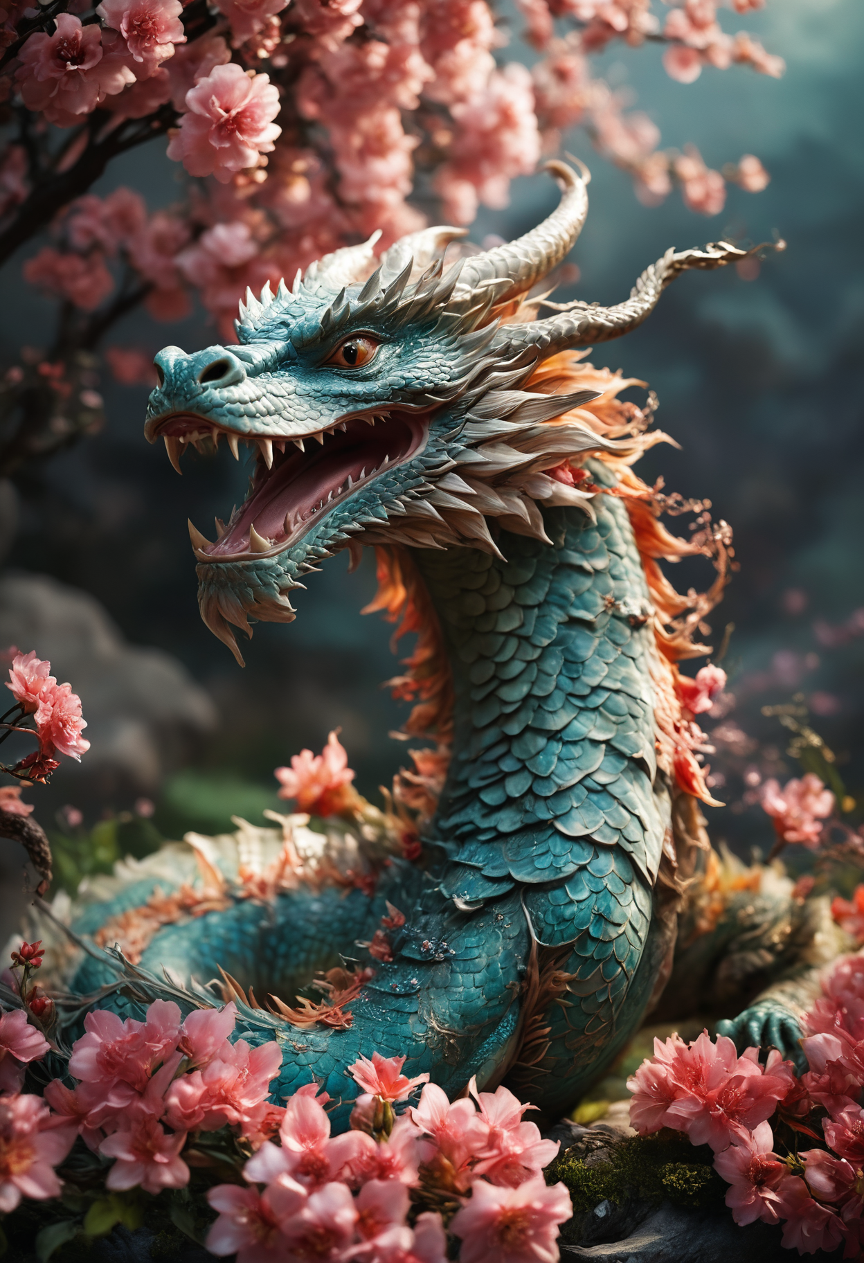 صورة مولدة بالذكاء الاصطناعي: Juggernaut XL prompt: cinematic film still a chinease dragon surrounded ... (نموذج Juggernaut XL - 3d Renders)