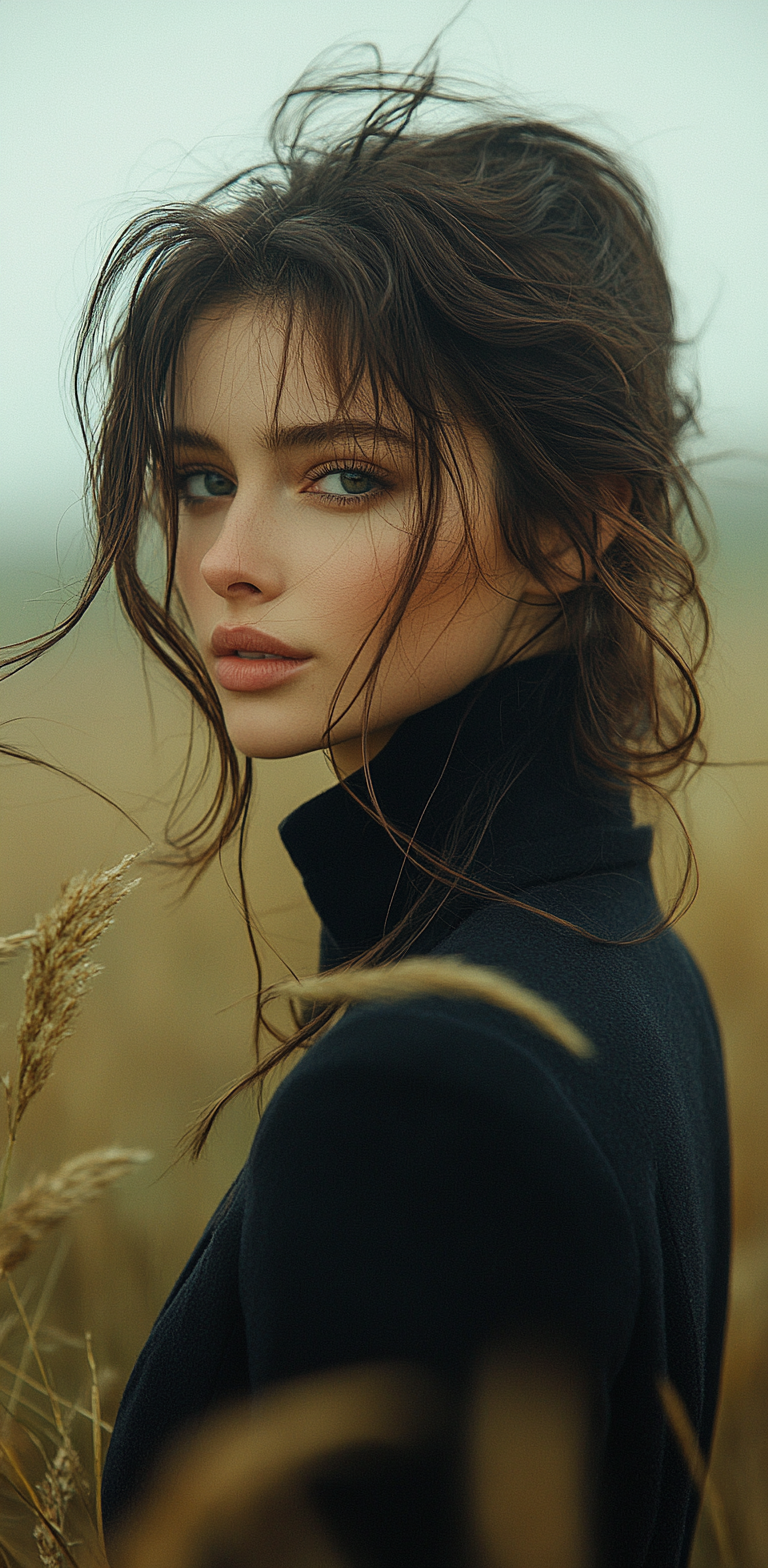 AI generated: Midjourney prompt: woman in a field is dressed for the camera, in the... (Midjourney - Photography)