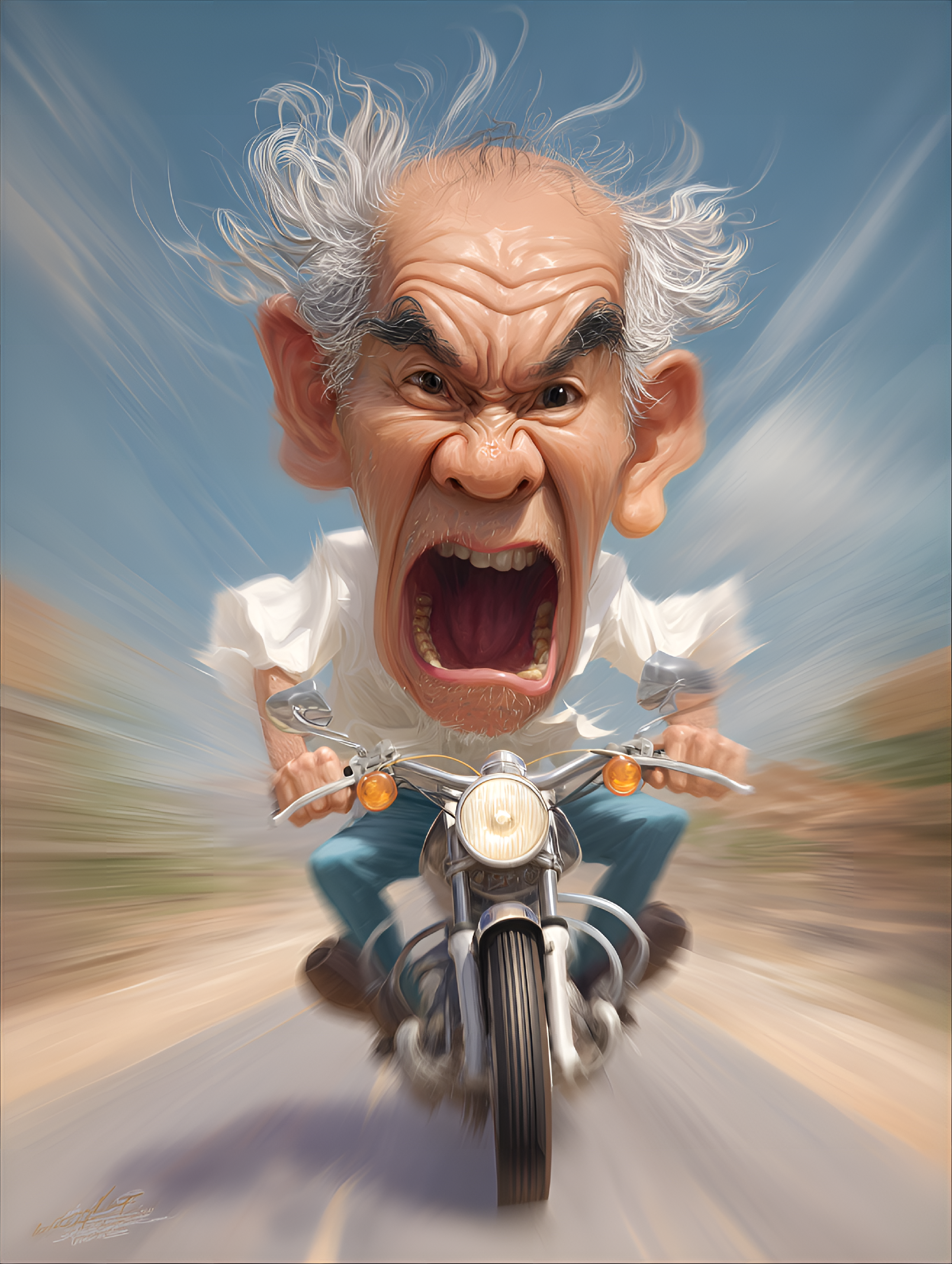 AI generated: Midjourney prompt: funny caricature, funny elderly man on motorcycle ... (Midjourney - Portraits)