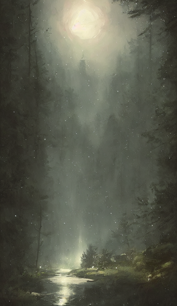 Stable Diffusion prompt: Painting by Greg Rutkowski, at n...