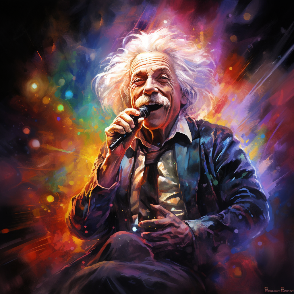 AI generated: Midjourney prompt: Famous Albert Einstein, holding a microphone and s... (Midjourney - Portraits)