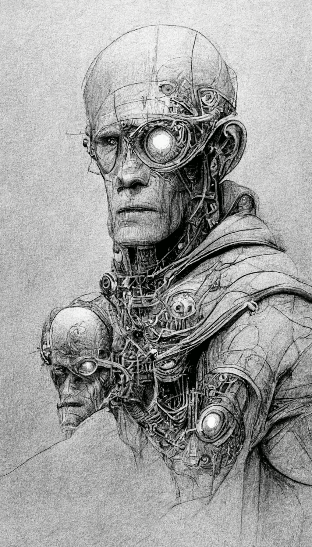 Psyborg Drawing Midjourney prompt: Pencil sketch of a cyborg, detailed dr...