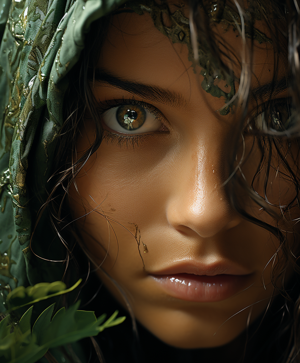 AI generated: Midjourney prompt: a woman with green eyes and leaves covering her fa... (Midjourney - Portraits)