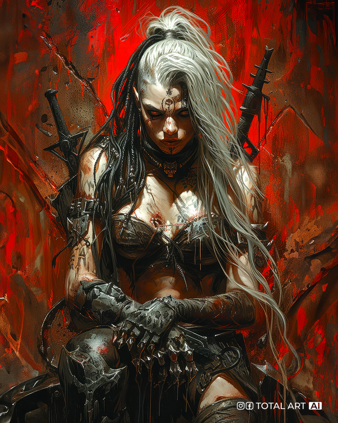 AI generated: Midjourney prompt: Female vampire chaos space marine, holding a weapo... (Midjourney - Character Design)