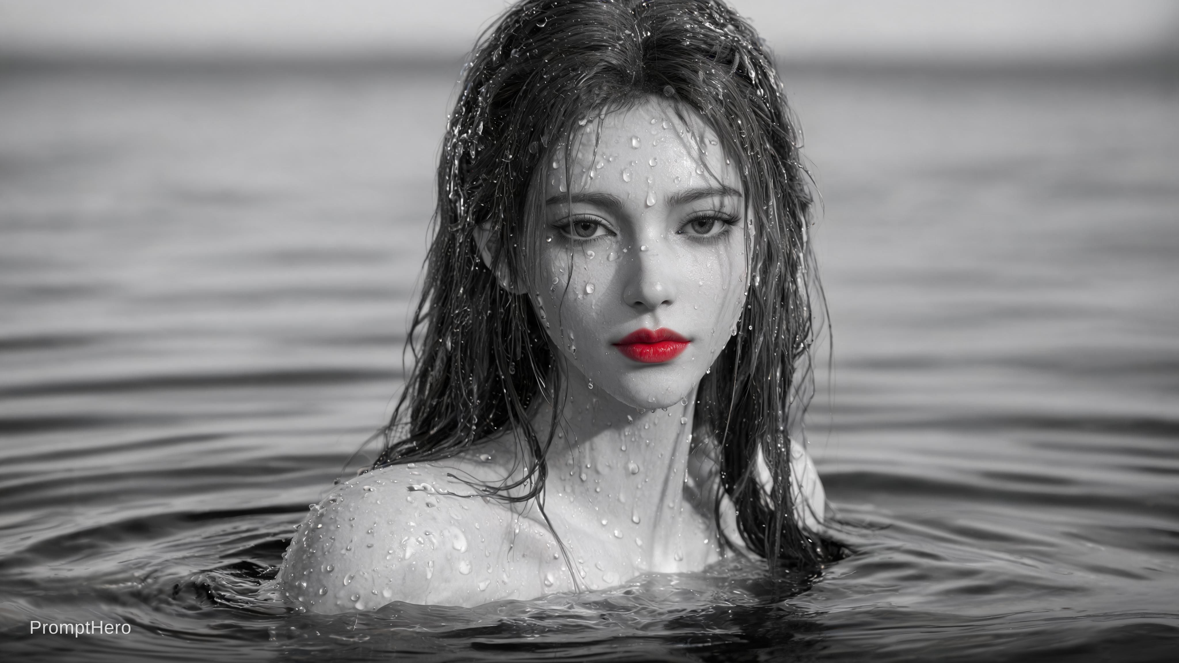 AI generated: Seedream 5 prompt: photo of a woman in the water, black and white wit... (Seedream 5 - Portraits)