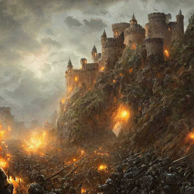 AI generated: Stable Diffusion prompt: army defending stone bridge of a castle from a lar... (Stable Diffusion - Architecture)