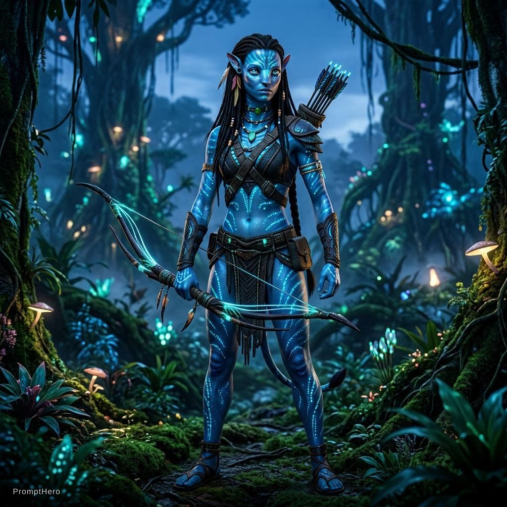 Nano Banana prompt: blue humanoid avatar with bioluminesc...