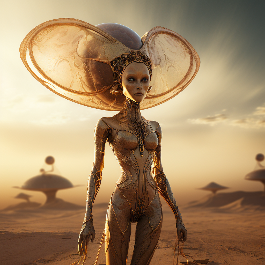 AI generated: Midjourney prompt: full body of alien shaped like woman, big golden e... (Midjourney - Concept Art)