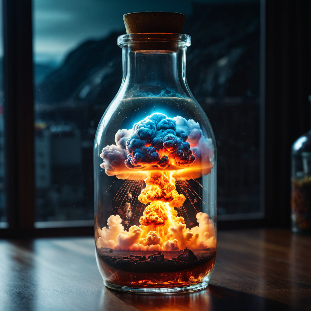 AI generated: Stable Diffusion prompt: nuclear explosion inside a large transparent bottl (Stable Diffusion - Concept Art)