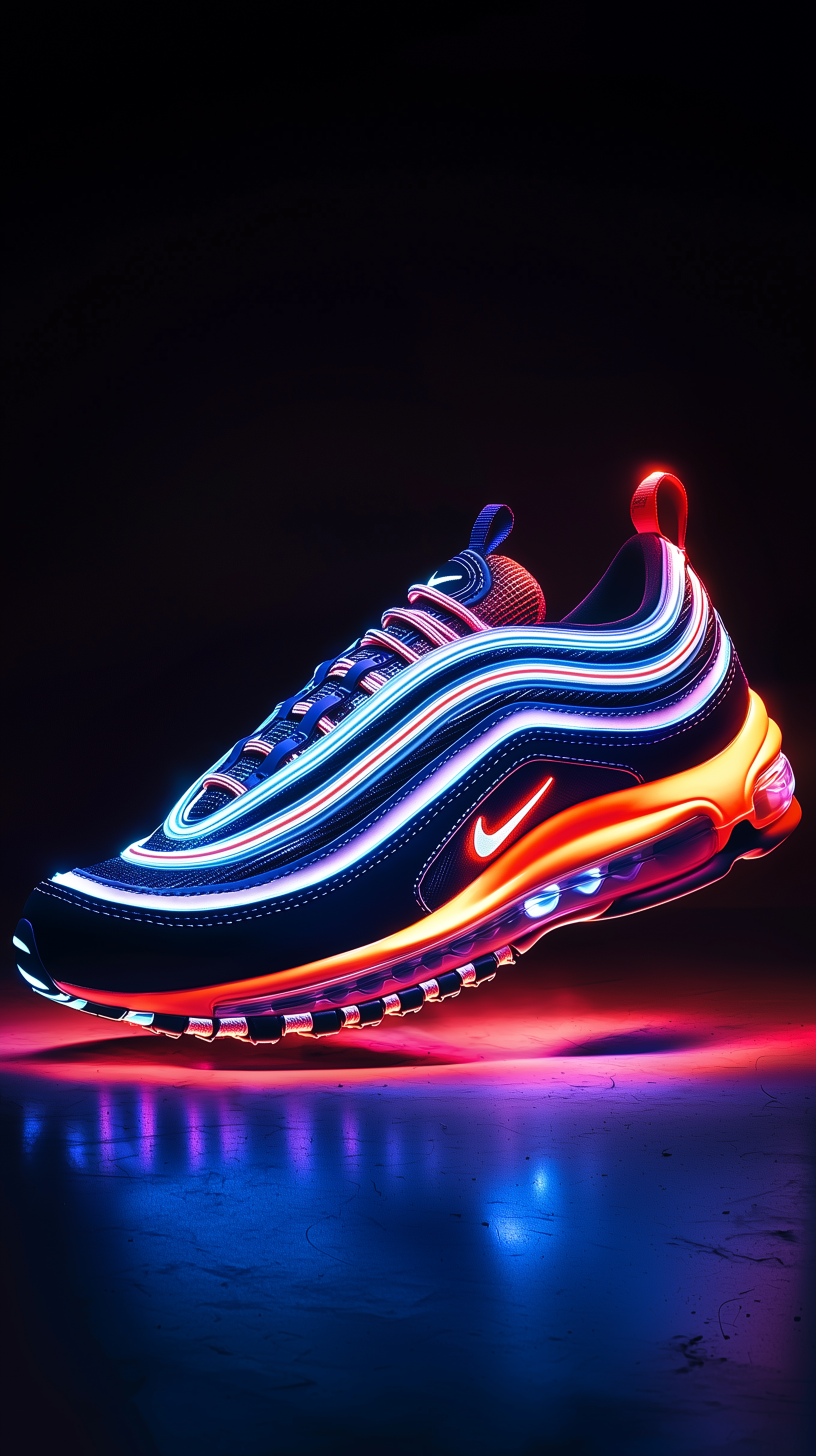 AI generated: Midjourney prompt: neon art, side view, Airmax 97, vibrant color ligh... (Midjourney - Concept Art)
