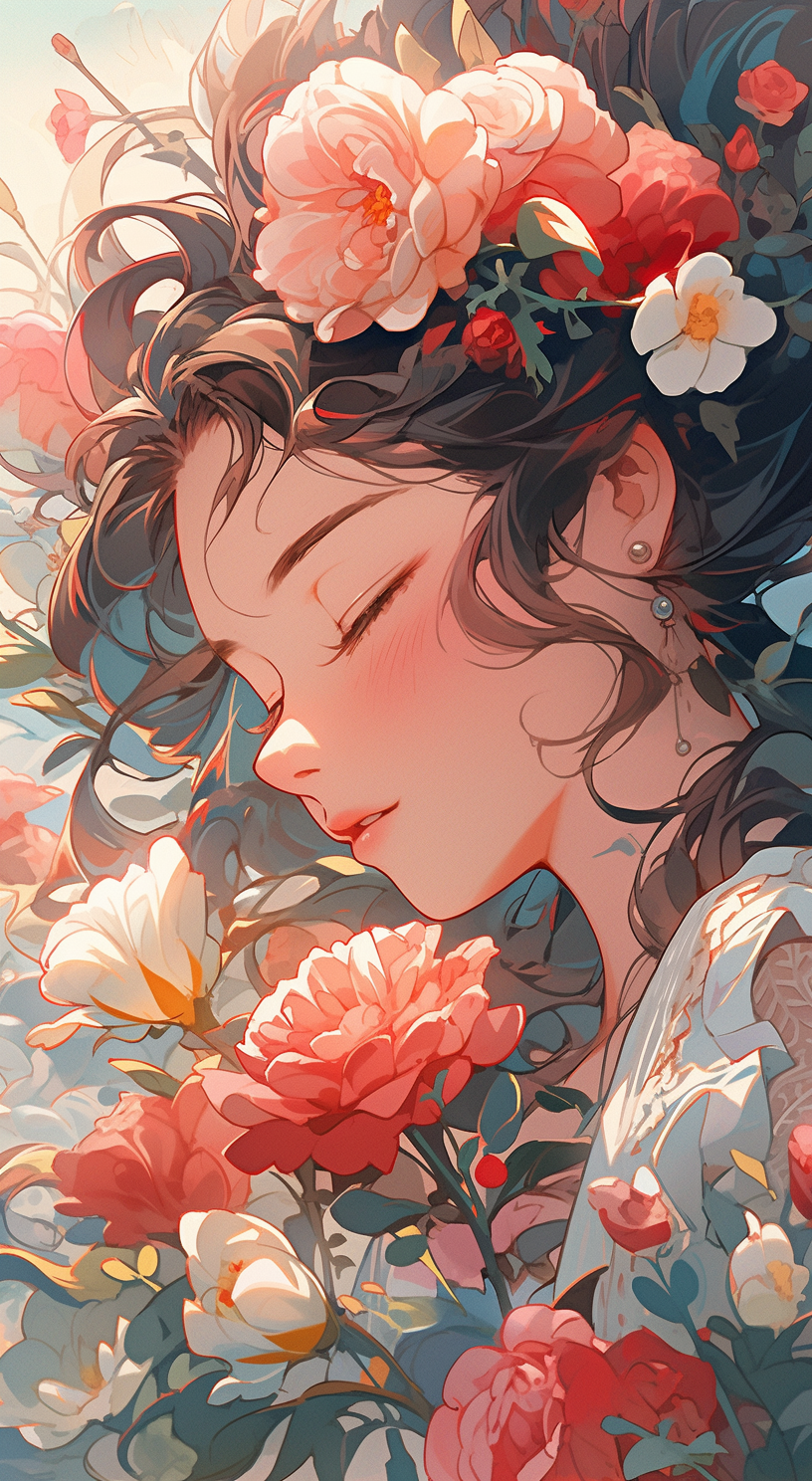 AI generated: Midjourney prompt: a woman with flowers in her hair, in the style of ... (Midjourney - Anime)