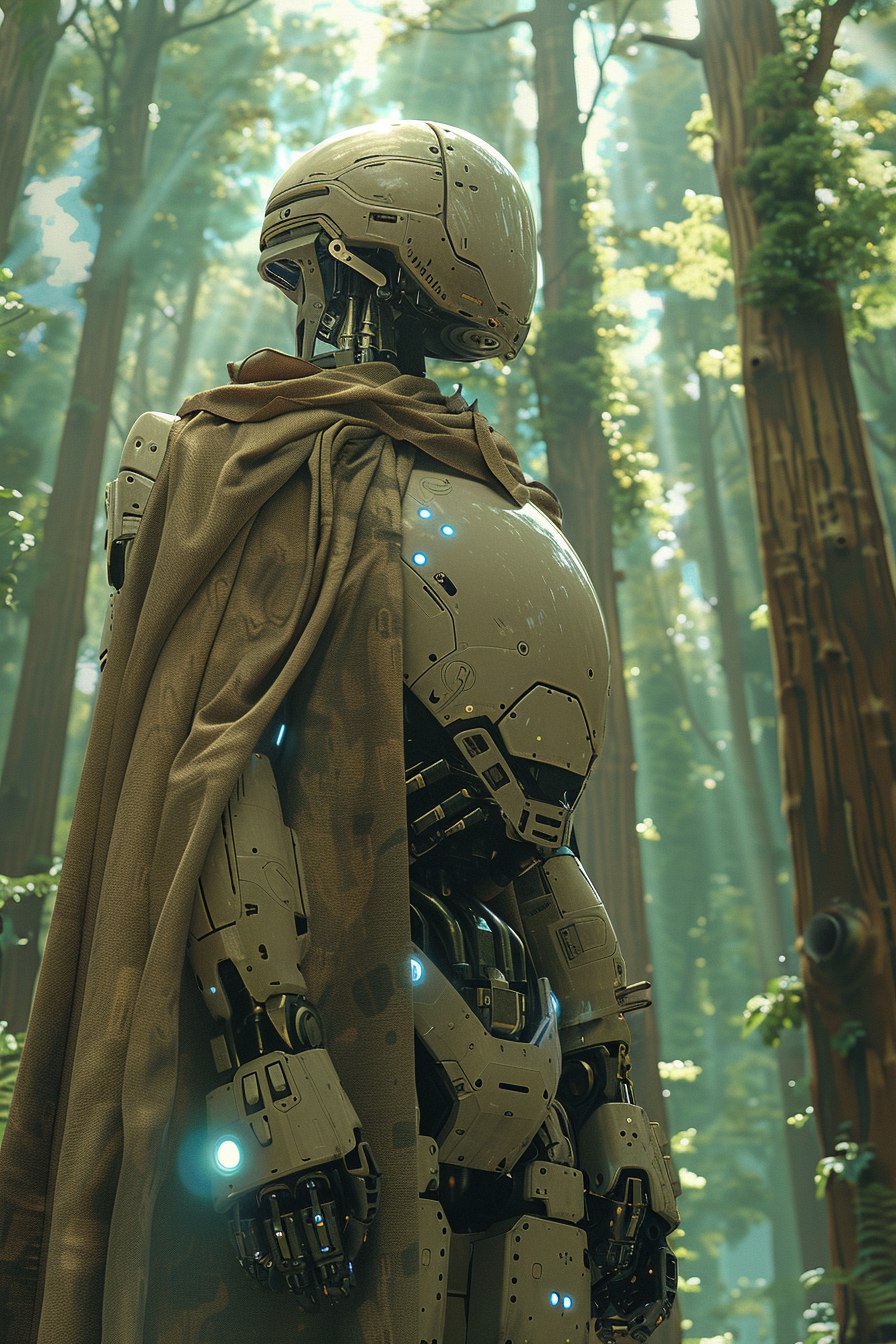 صورة مولدة بالذكاء الاصطناعي: Midjourney prompt: a robot in a tall forest. The robot is high tech w... (نموذج Midjourney - صور شخصية)
