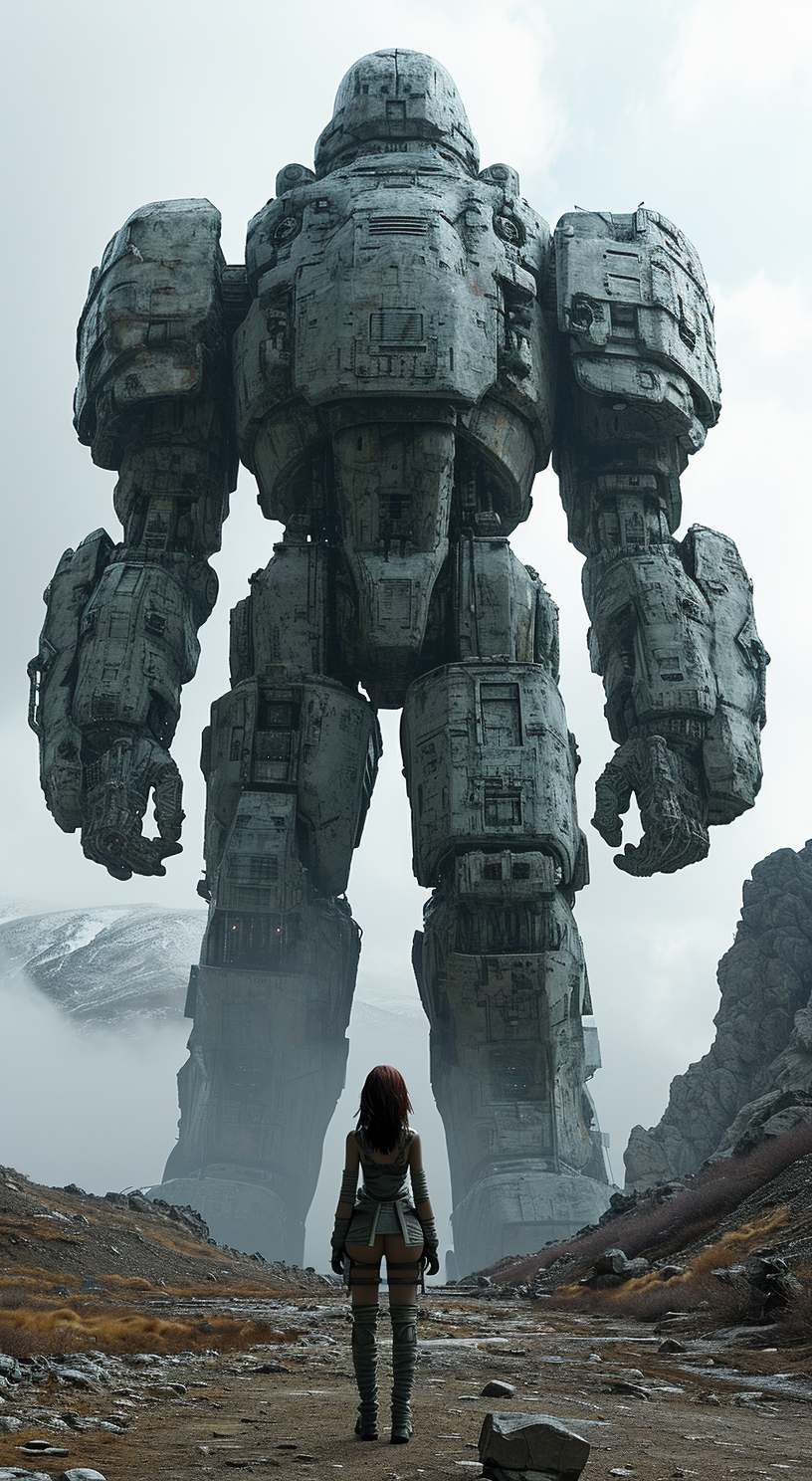 AI generated: Midjourney prompt: the woman stands in front of a giant statue, in th... (Midjourney - Portraits)
