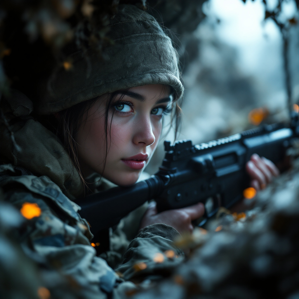 FLUX prompt: a pretty young female soldier ,in a foxhole, gripp... - FLUX