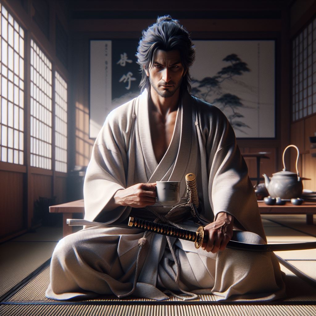 DALL·E prompt: Hachiman appears in his Kensei skin, sitting in a ... - DALL·E