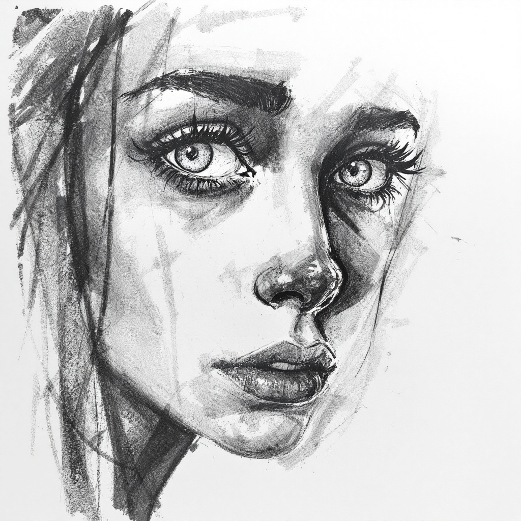 FLUX prompt: Pencil style, drawing, sketch, woman with pu...