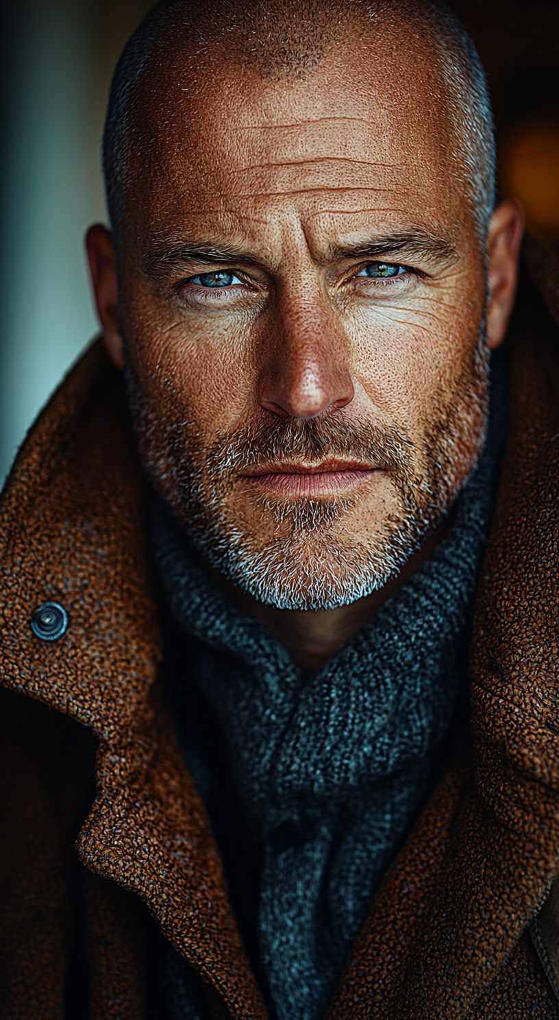 Midjourney prompt: ultra close-up of a handsome 40 year old bald male... - Midjourney