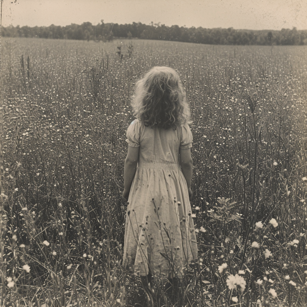 صورة مولدة بالذكاء الاصطناعي: Midjourney prompt: vintage photograph, black and white, child in a fi... (نموذج Midjourney - تصوير فوتوغرافي)
