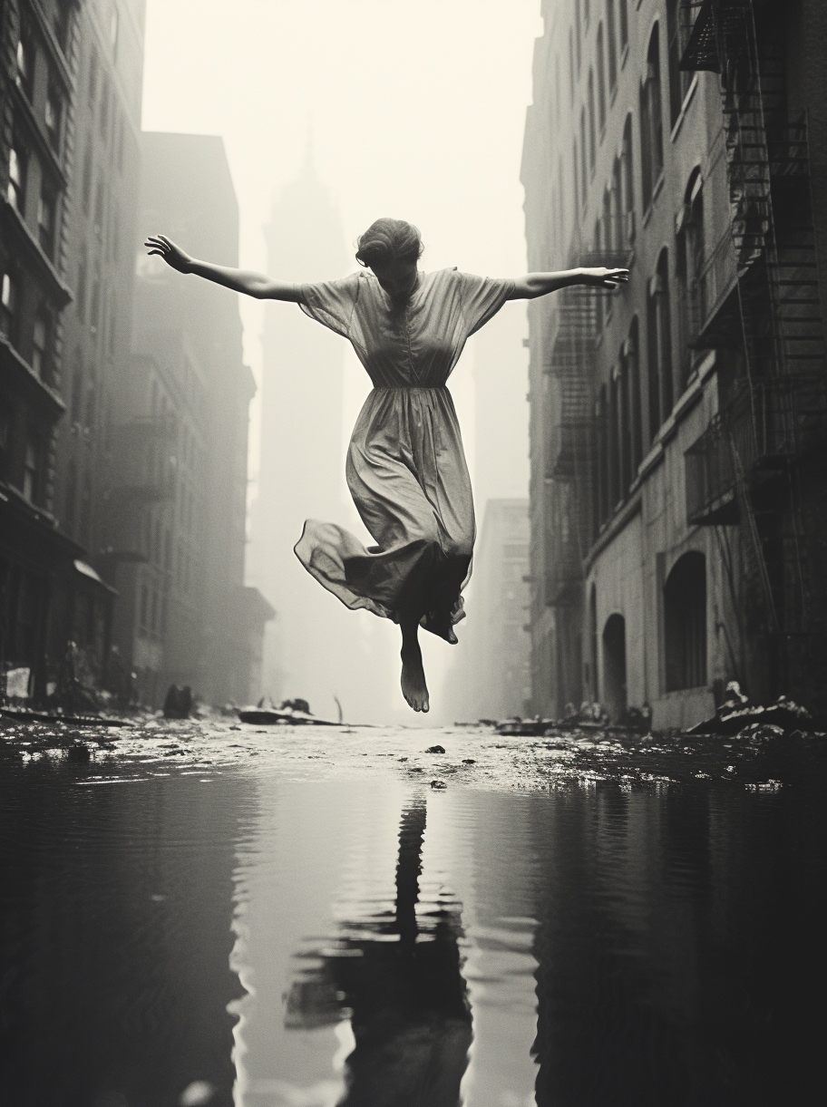Midjourney prompt: vintage photo of a model jumping over a puddle in ... - Midjourney