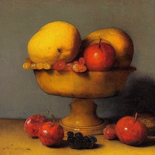 صورة مولدة بالذكاء الاصطناعي: Stable Diffusion prompt: still life fruit bowl, Rembrandt (نموذج Stable Diffusion - طعام ومشروبات)