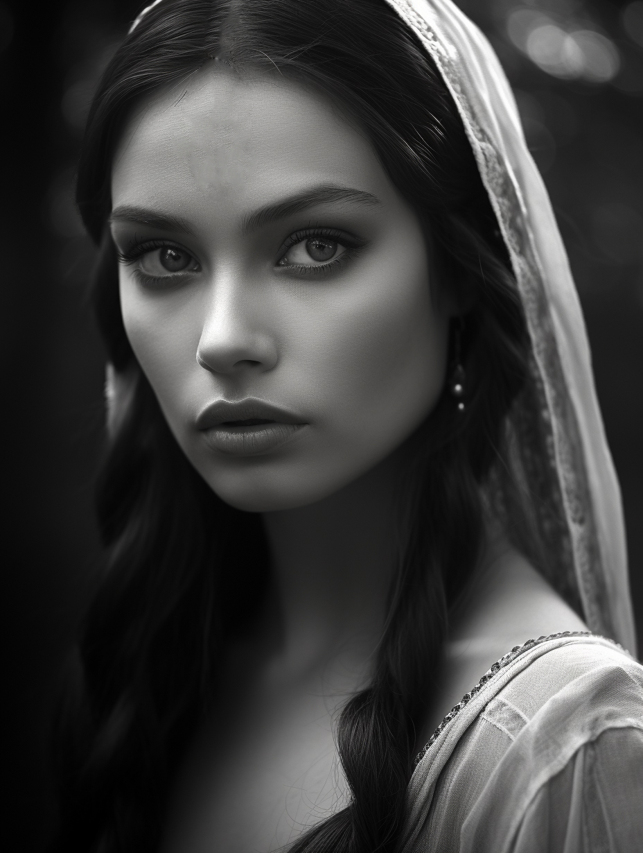 AI generated: Midjourney prompt: a black and white photo of a woman, focus on girl ... (Midjourney - Portraits)