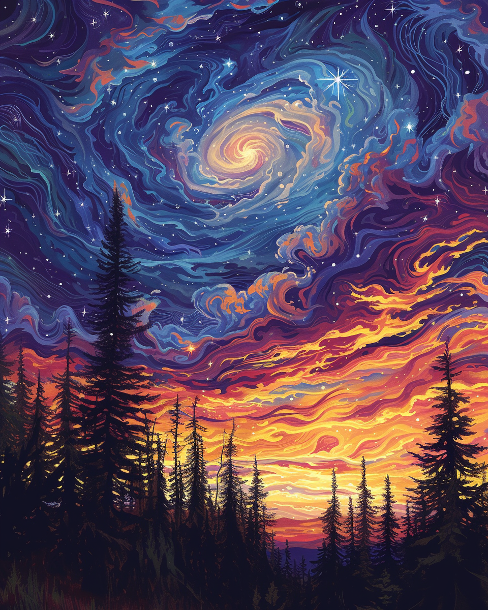 AI generated: Midjourney prompt: an evening sky with stars and trees behind it, in ... (Midjourney - Concept Art)