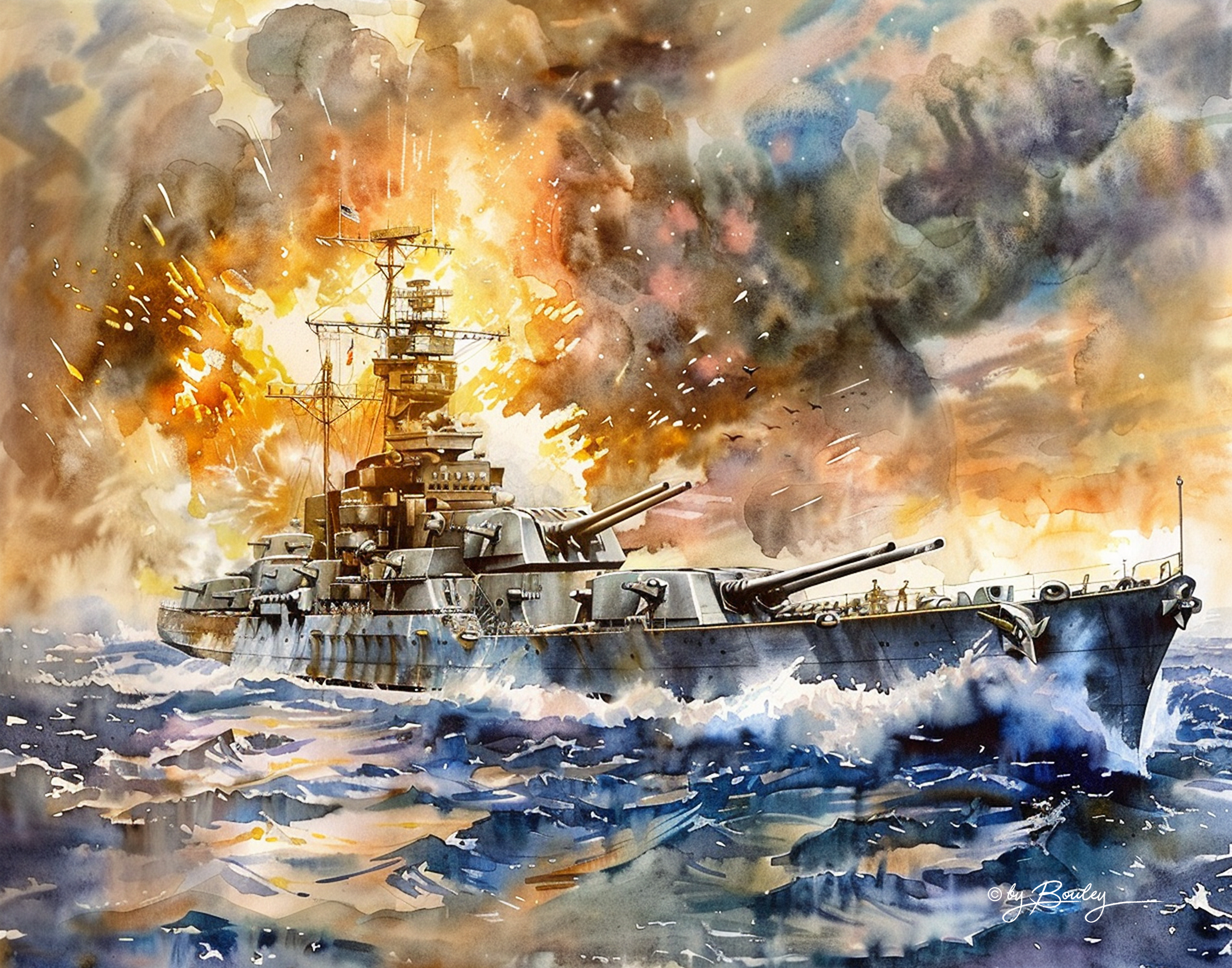 AI generated: Midjourney prompt: create a watercolor of a US Navy WWII battleship f... (Midjourney - Concept Art)